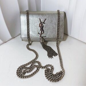 SAINT LAURENT Kate Tassel Shoulder Bag Metallic Silver Leather